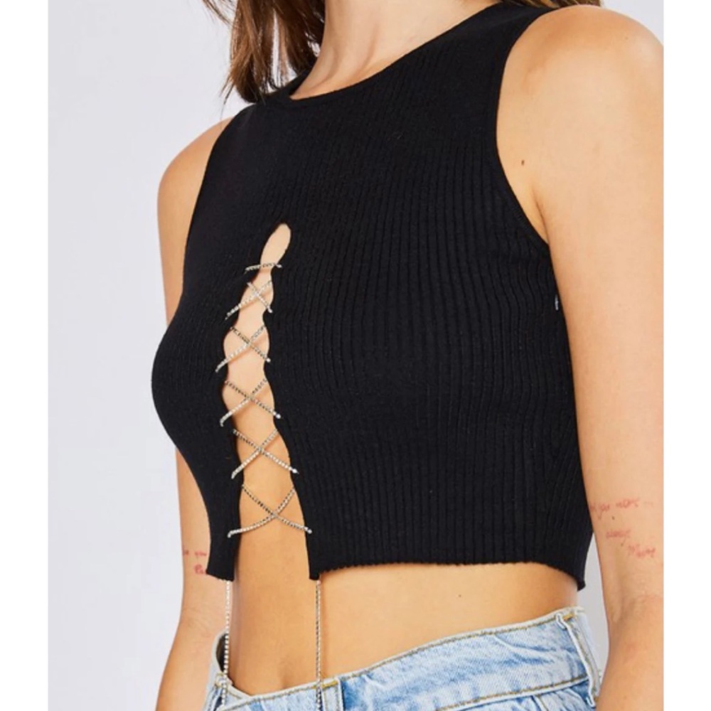 Ribbed Lace-Up Black Crop Tank Top